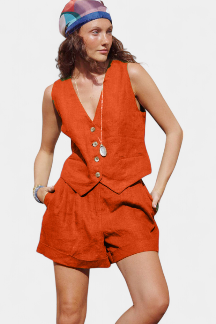 Jennifer | Conjunto Chaleco y Pantalones Cortos de Lino Algodón