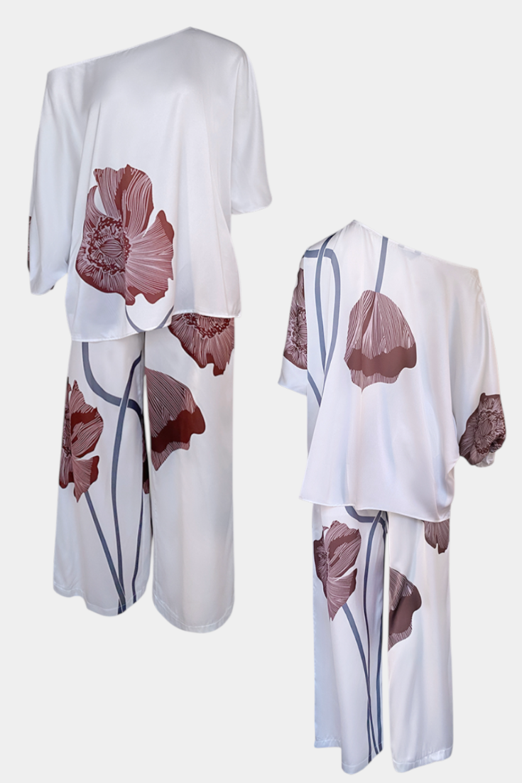 Sybella | Conjunto Floral de Dos Piezas con Hombro Descubierto y Pantalón Recto