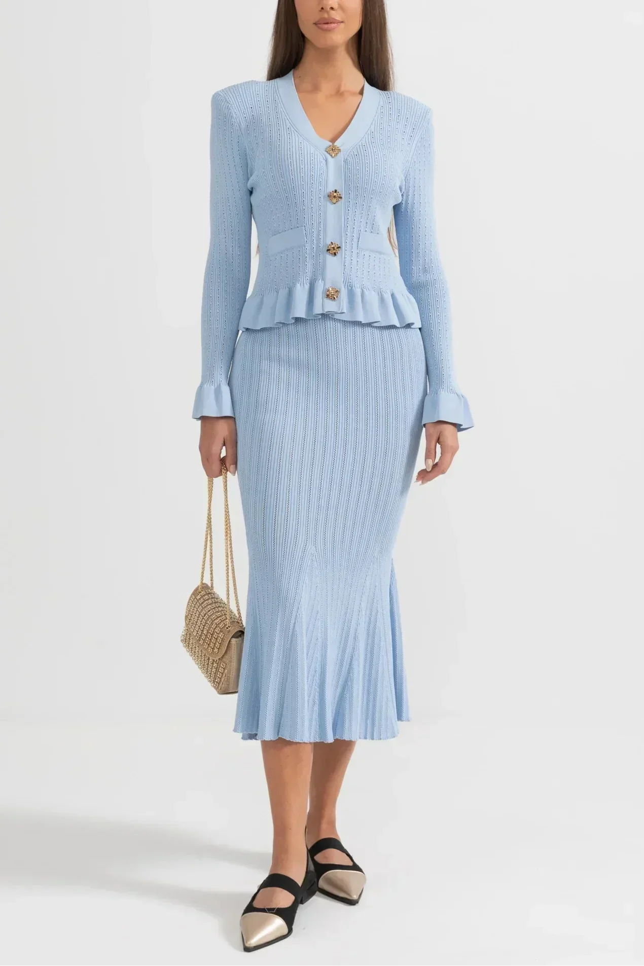 Prudence | Conjunto de Vestido Midi de Punto Refinado y Top con Botones