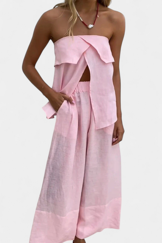 Oriana | Conjunto Strapless con Falda de Abertura en Color Liso