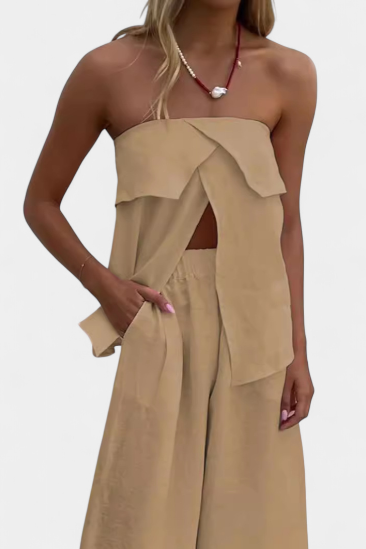 Oriana | Conjunto Strapless con Falda de Abertura en Color Liso