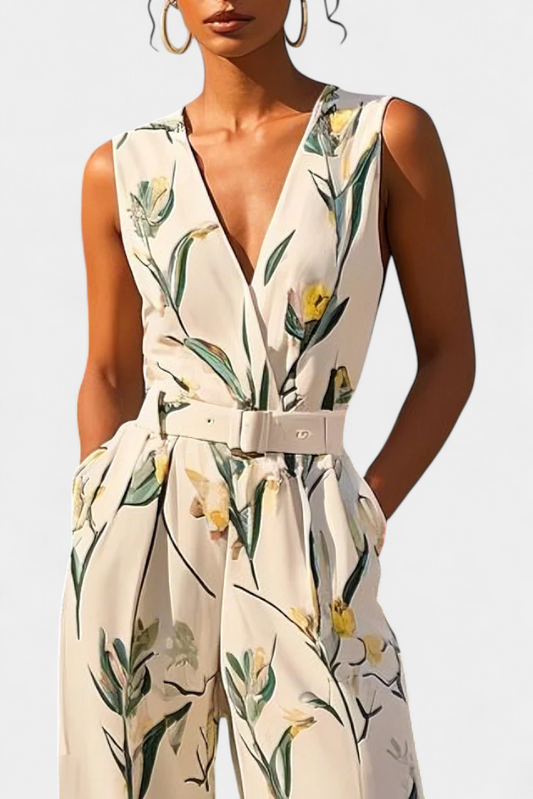 Slara | Mono Largo de Vacaciones con Escote en V y Estampado Blanco