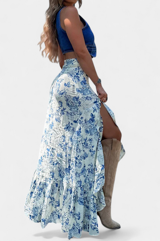 Karen | Falda Maxi Floral con Abertura y Volantes