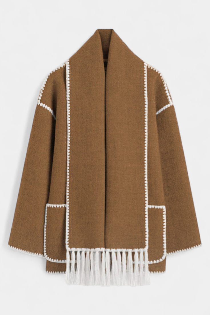 Pauline | Abrigo de Corte Suelto con Bufanda de Flecos Incorporada