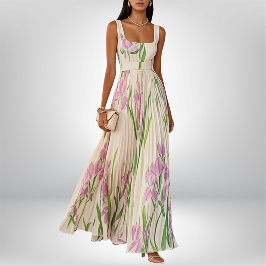 Penelope | Vestido Maxi de Chiffón con Flores Dobladas