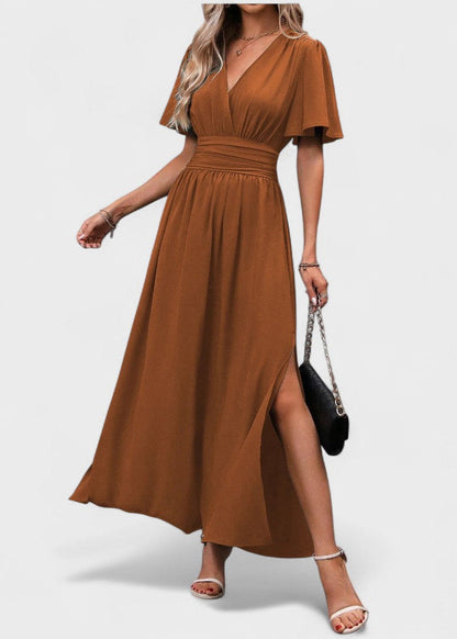 Eterna | Vestido Largo Elegante en Negro con Escote en V Manga Transparente y Abertura