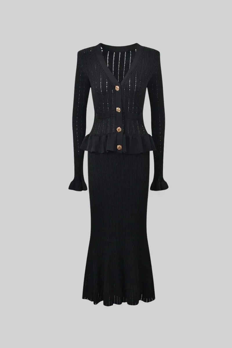 Prudence | Conjunto de Vestido Midi de Punto Refinado y Top con Botones