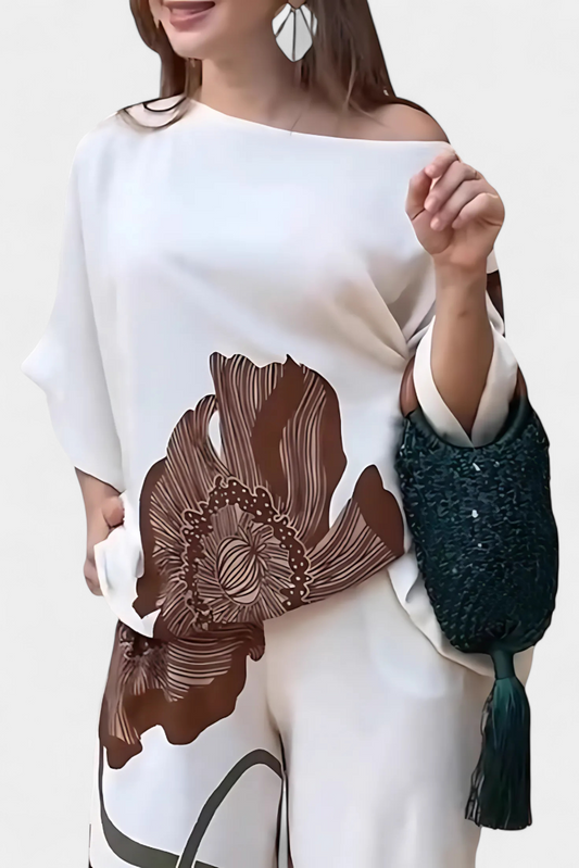 Sybella | Conjunto Floral de Dos Piezas con Hombro Descubierto y Pantalón Recto