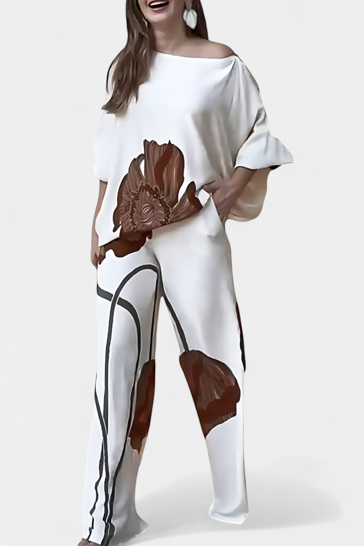 Sybella | Conjunto Floral de Dos Piezas con Hombro Descubierto y Pantalón Recto