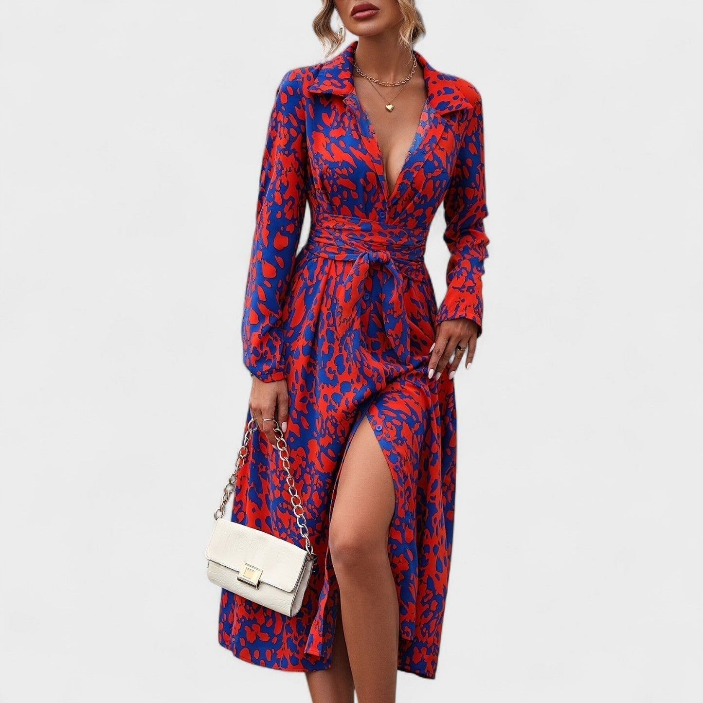 Vestido Bianca – Estilo Animal Print Azul y Rojo