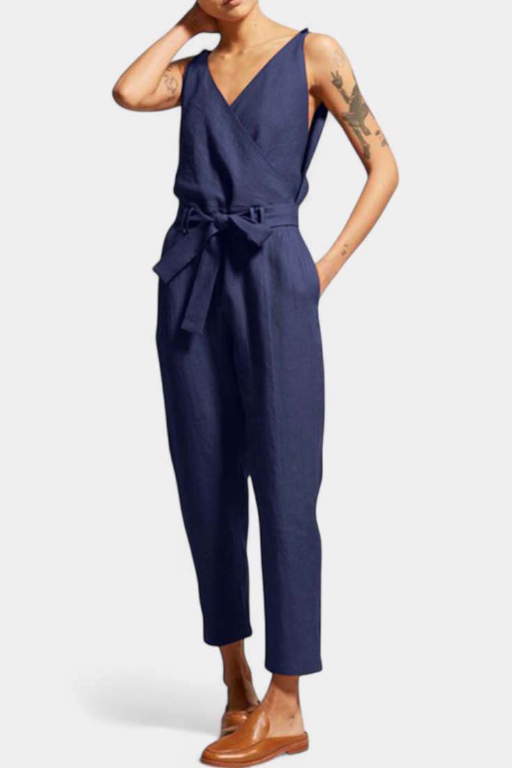 Maggie | Mono Sin Mangas con Escote en V y Cintura Cruzada en Algodón