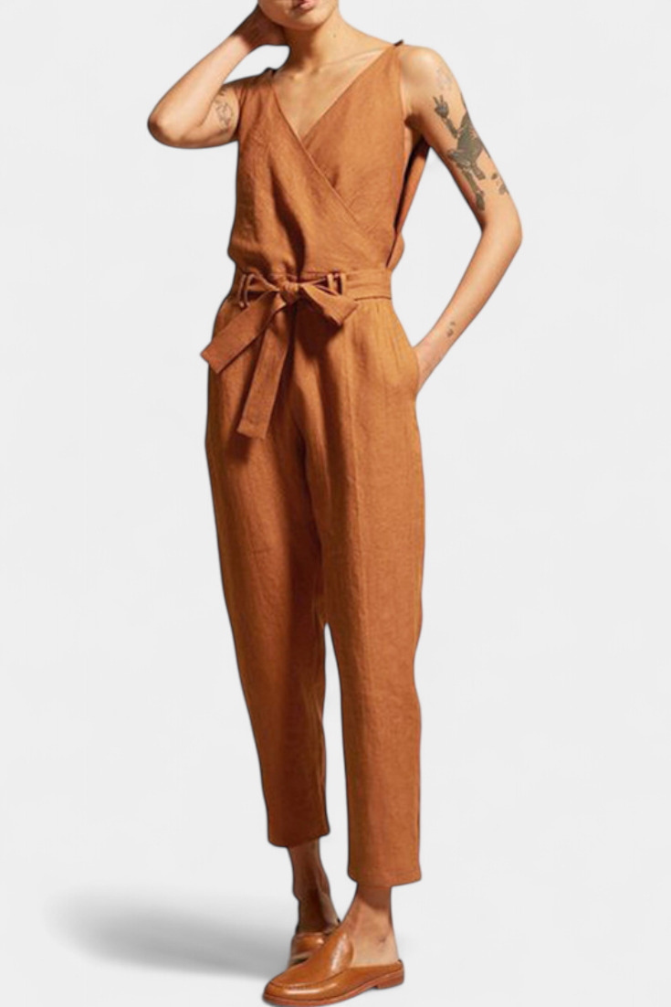 Maggie | Mono Sin Mangas con Escote en V y Cintura Cruzada en Algodón