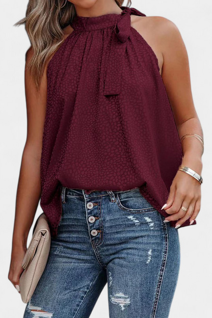 Adela | Top sin Mangas de Leopardo con Cuello Alto y Lazo