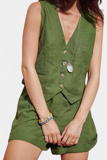 Jennifer | Conjunto Chaleco y Pantalones Cortos de Lino Algodón