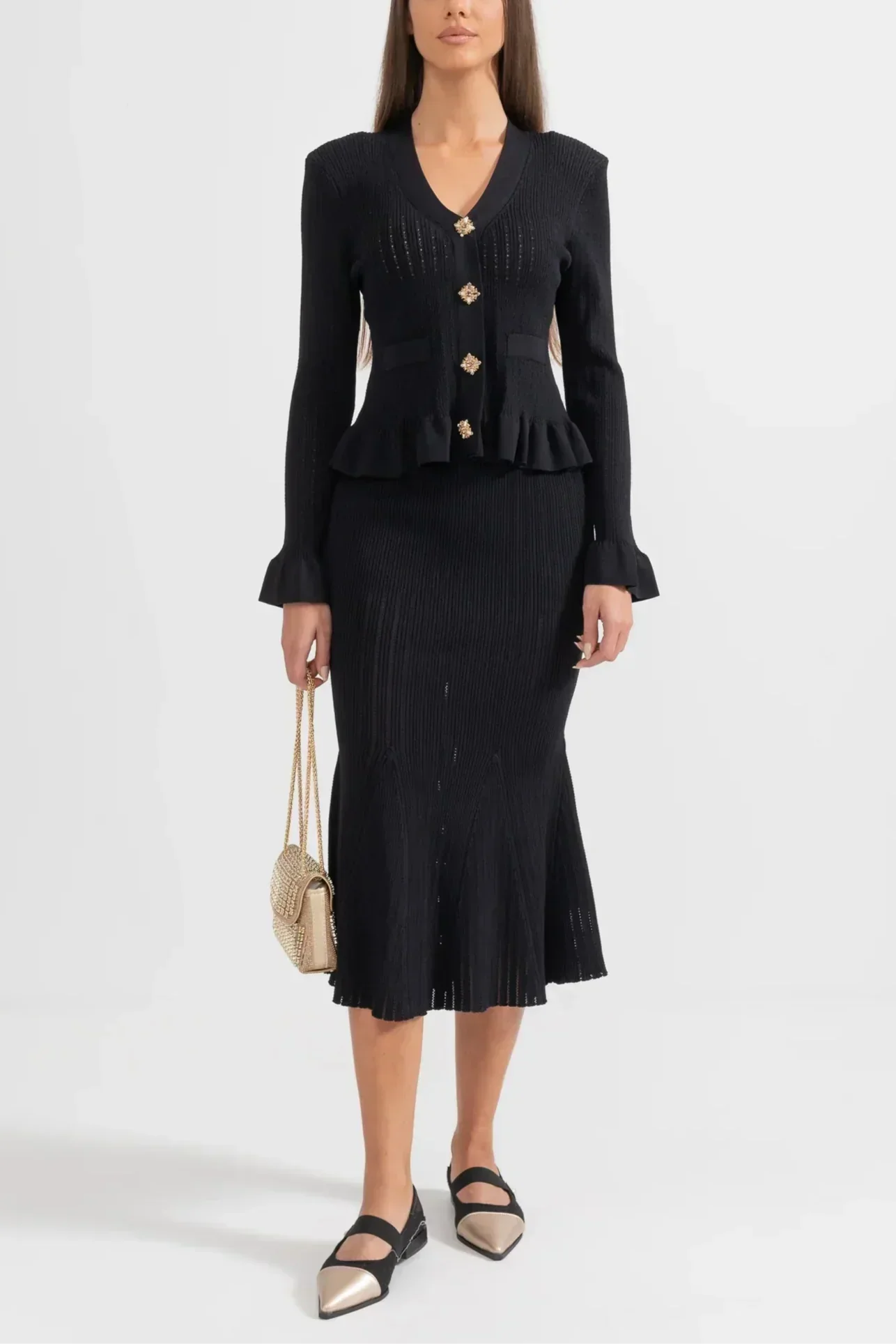 Prudence | Conjunto de Vestido Midi de Punto Refinado y Top con Botones