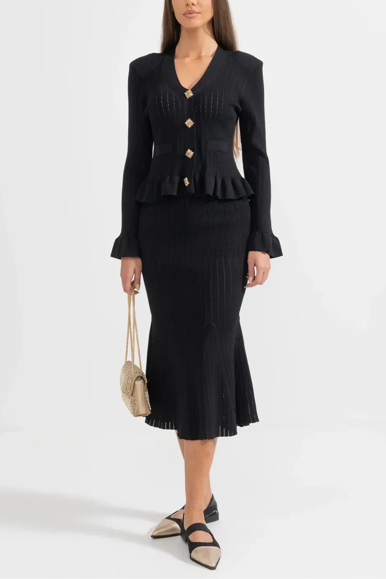 Prudence | Conjunto de Vestido Midi de Punto Refinado y Top con Botones