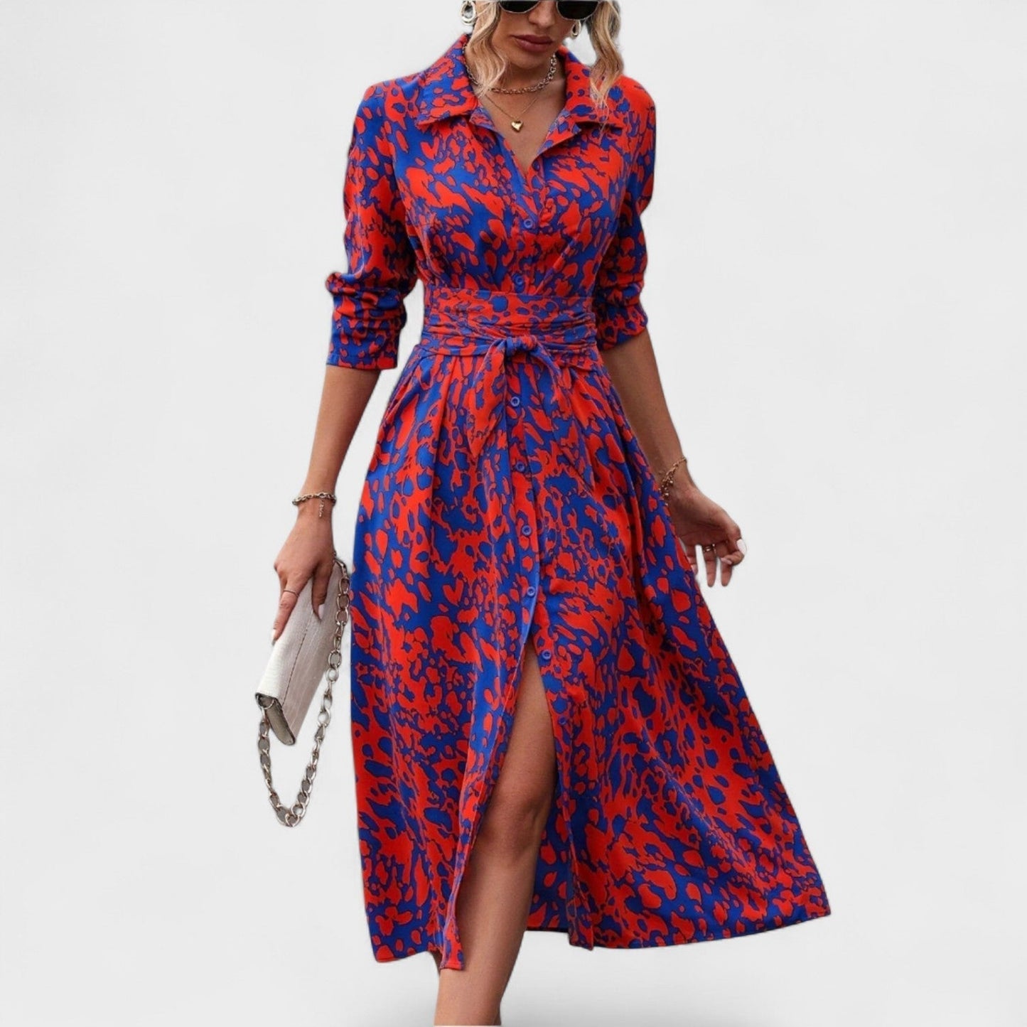 Vestido Bianca – Estilo Animal Print Azul y Rojo