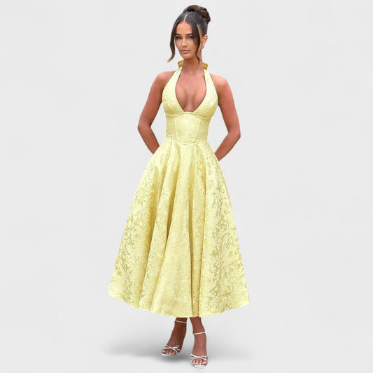 Halina - Vestido midi con corsé y volantes