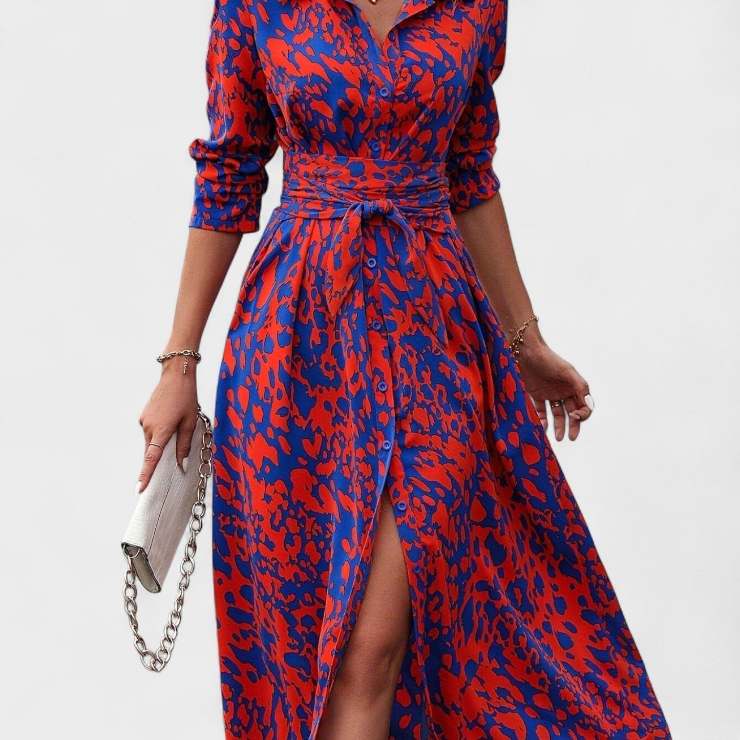 Vestido Bianca – Estilo Animal Print Azul y Rojo