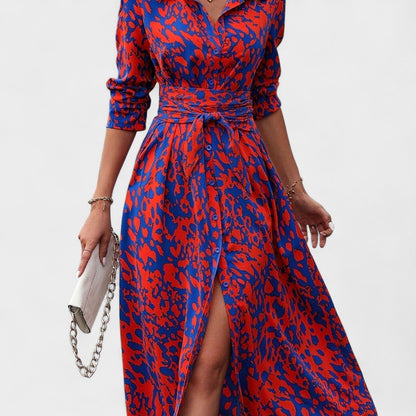 Vestido Bianca – Estilo Animal Print Azul y Rojo