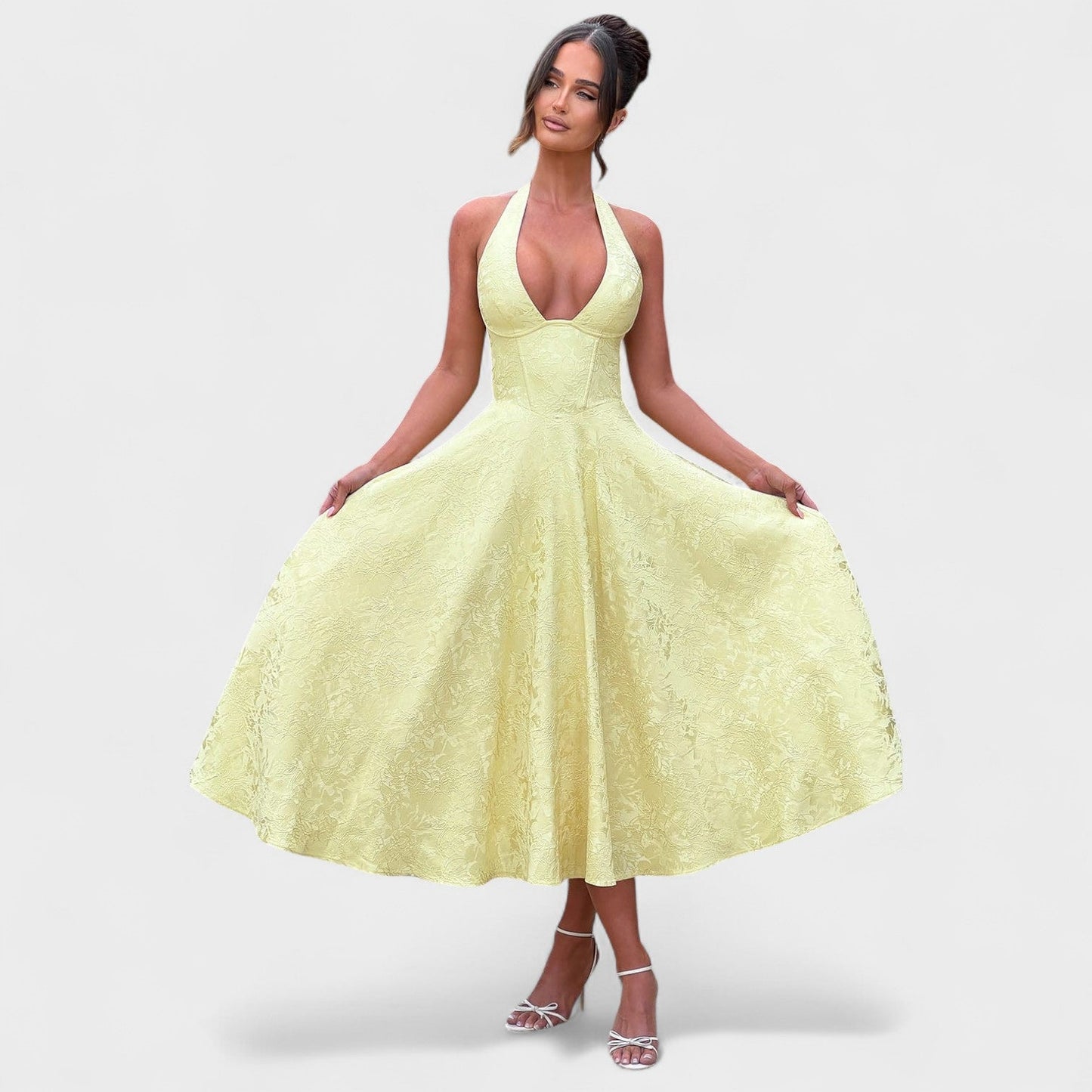 Halina - Vestido midi con corsé y volantes