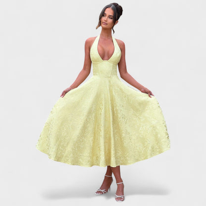 Halina - Vestido midi con corsé y volantes