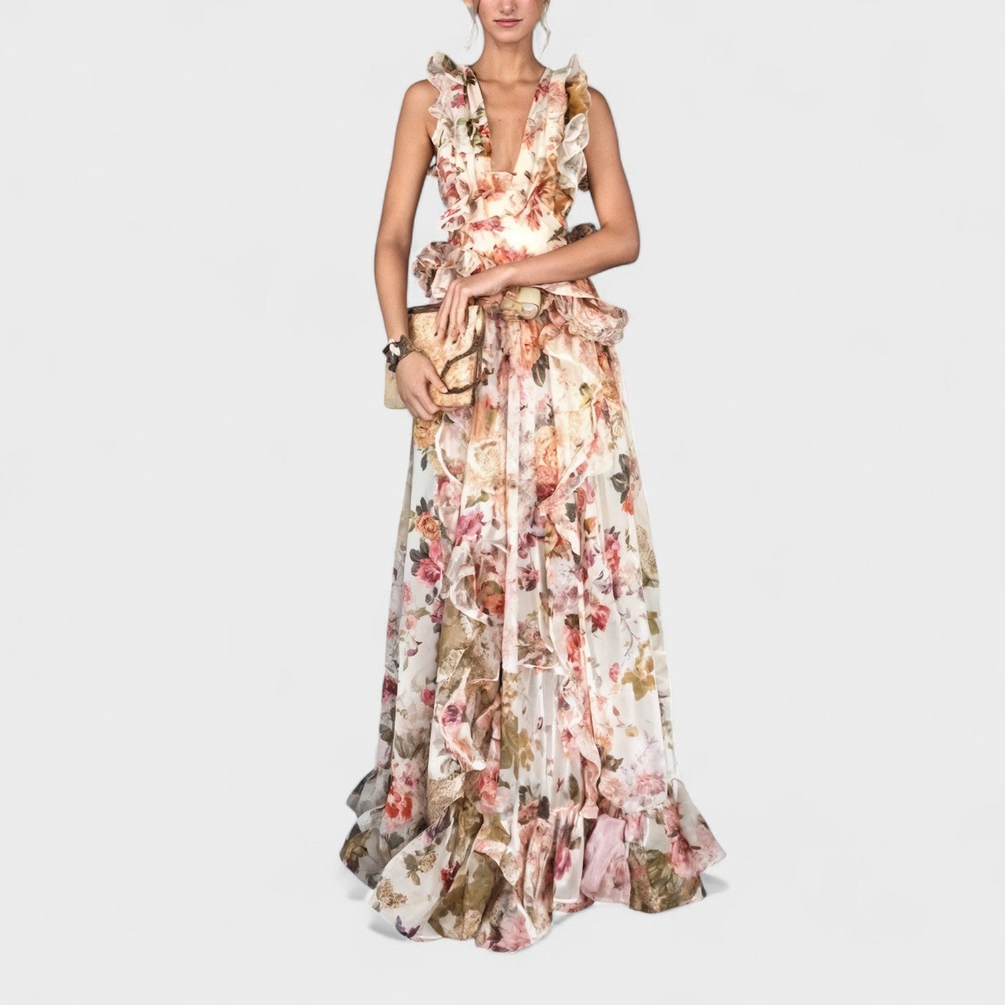 Isabela | Vestido largo con volantes florales