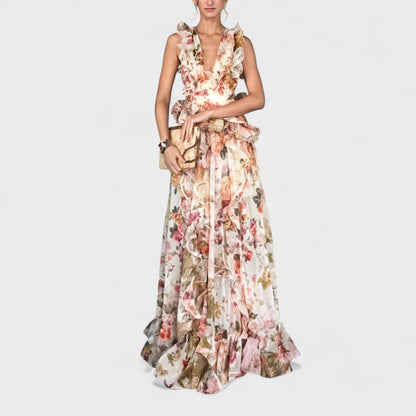 Isabela | Vestido largo con volantes florales