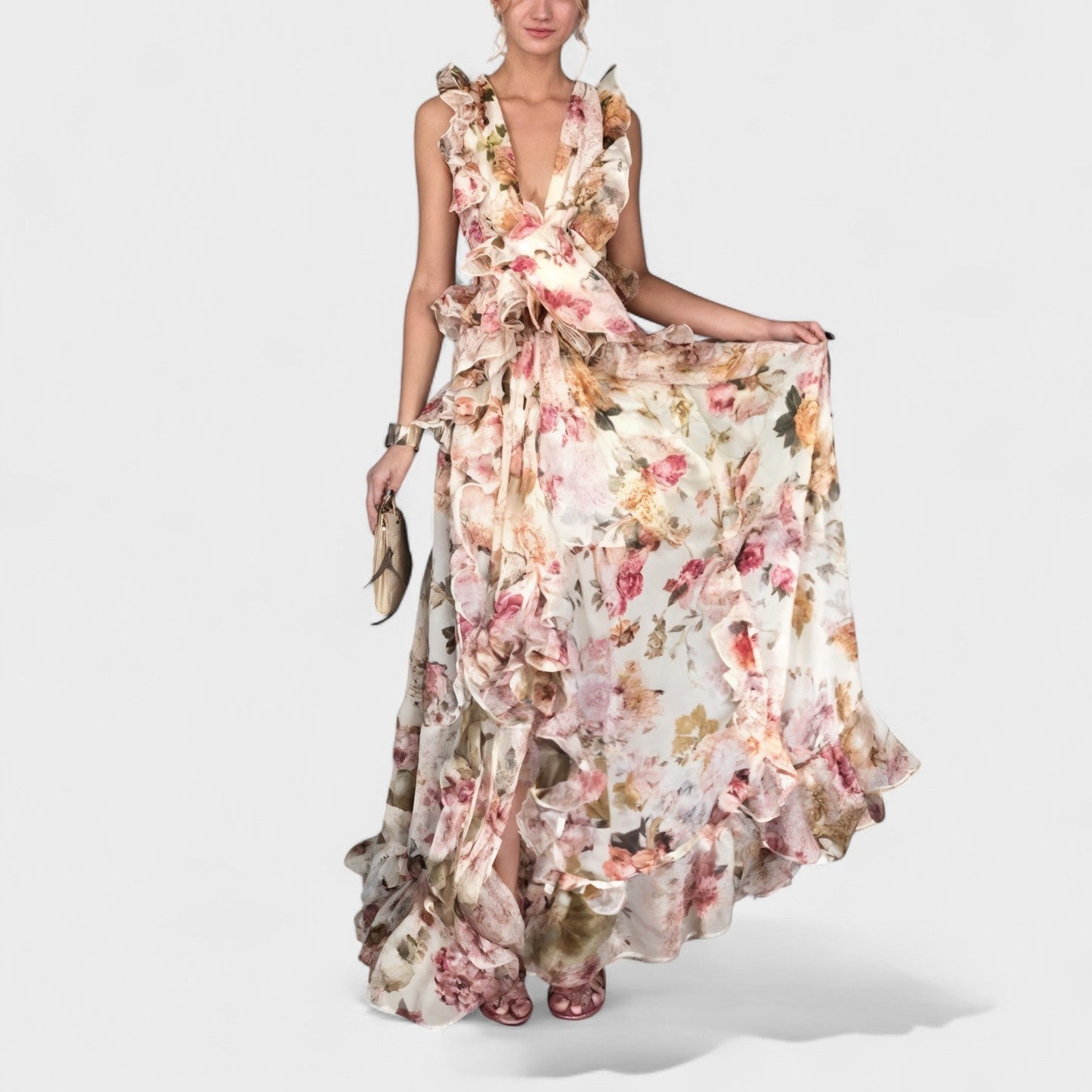 Isabela | Vestido largo con volantes florales