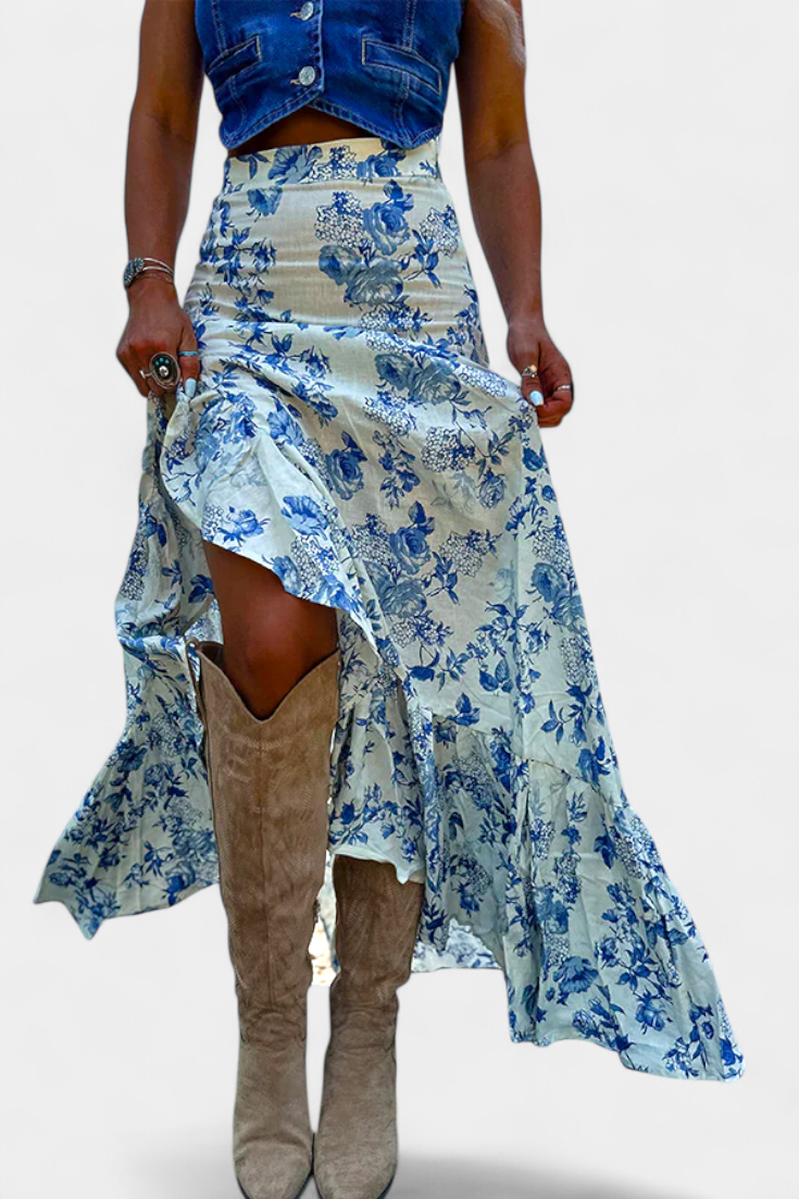 Karen | Falda Maxi Floral con Abertura y Volantes