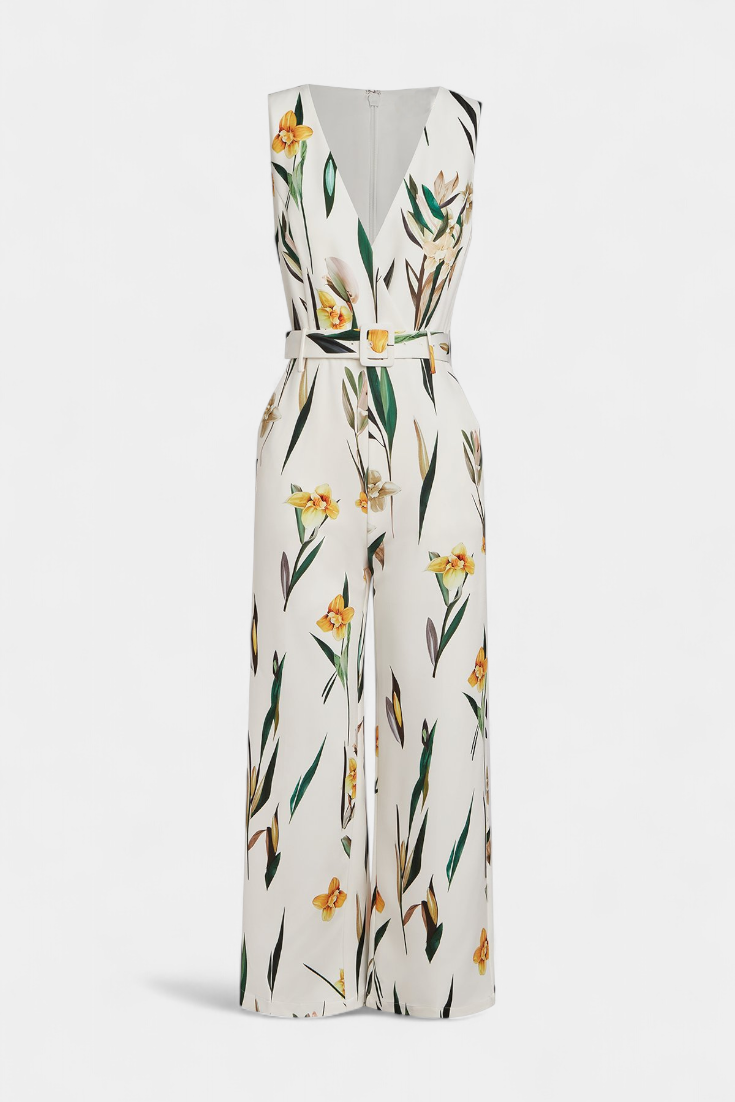 Slara | Mono Largo de Vacaciones con Escote en V y Estampado Blanco