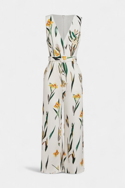 Slara | Mono Largo de Vacaciones con Escote en V y Estampado Blanco