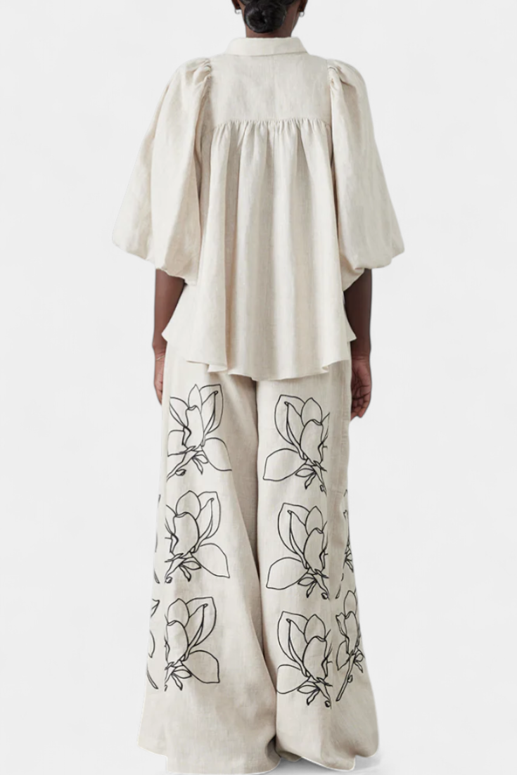 Helen | Conjunto Floral de Pantalón Ancho y Manga Globo