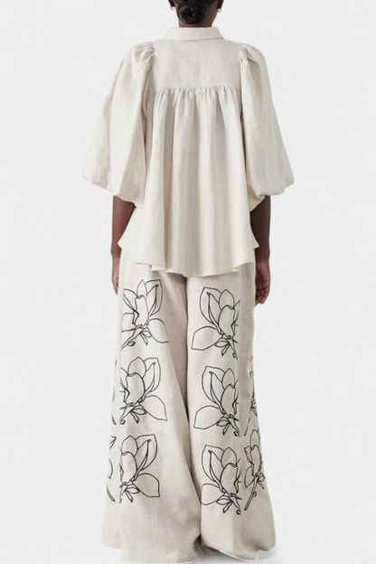 Helen | Conjunto Floral de Pantalón Ancho y Manga Globo