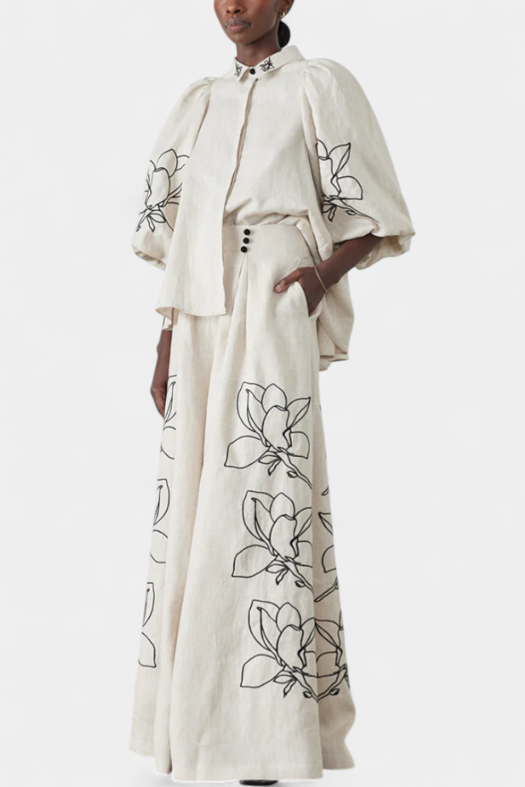 Helen | Conjunto Floral de Pantalón Ancho y Manga Globo