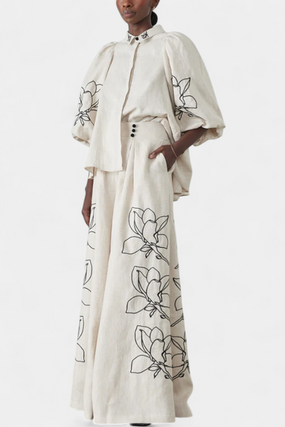 Helen | Conjunto Floral de Pantalón Ancho y Manga Globo