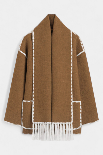 Pauline | Abrigo de Corte Suelto con Bufanda de Flecos Incorporada