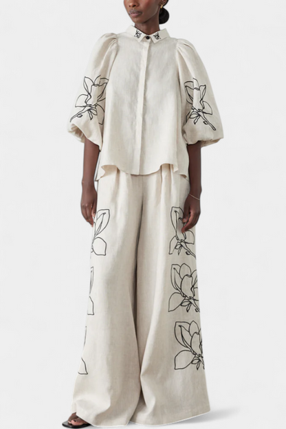 Helen | Conjunto Floral de Pantalón Ancho y Manga Globo