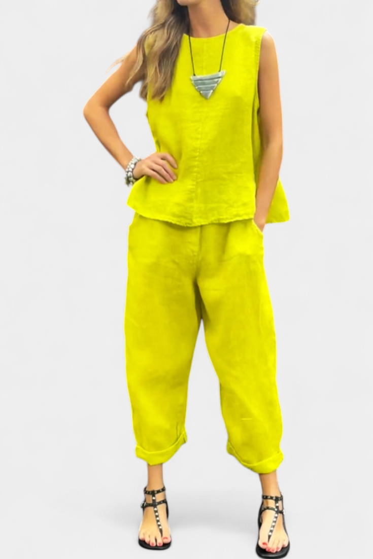 Leona | Conjunto de Chaleco y Pantalón Sin Mangas en Algodón Lino