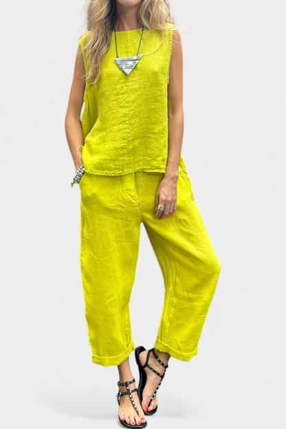 Leona | Conjunto de Chaleco y Pantalón Sin Mangas en Algodón Lino