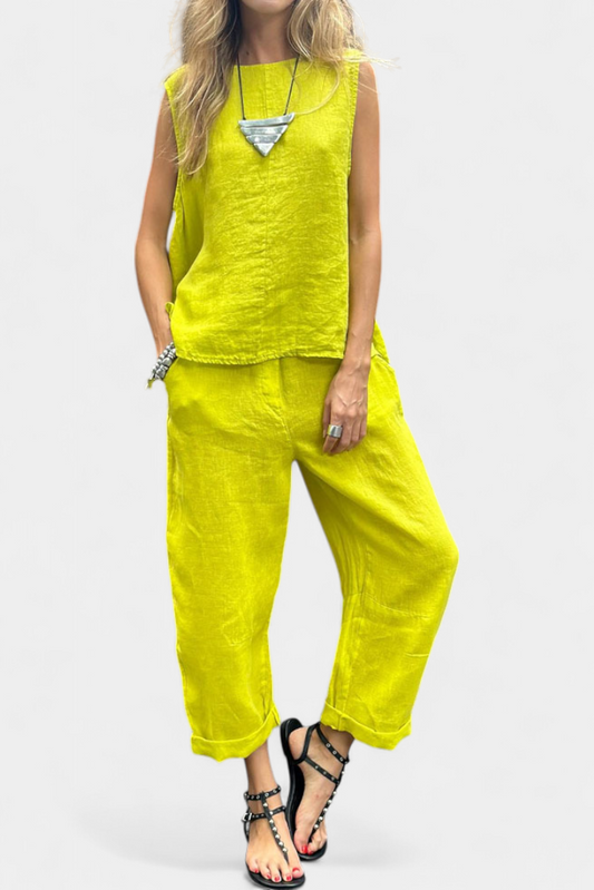 Leona | Conjunto de Chaleco y Pantalón Sin Mangas en Algodón Lino