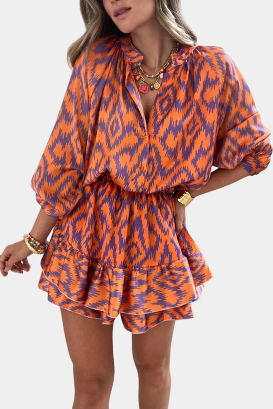 Yasmine | Mono Mini con Volantes y Estampado Ikat