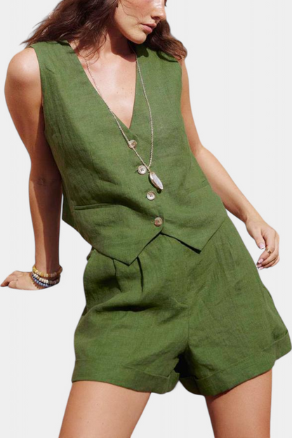 Jennifer | Conjunto Chaleco y Pantalones Cortos de Lino Algodón