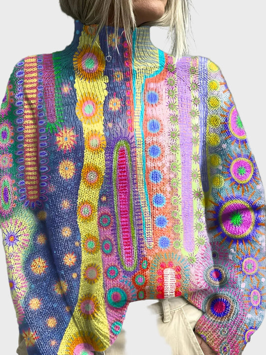 Suéter de cuello tortuga trenzado con diseño de sol